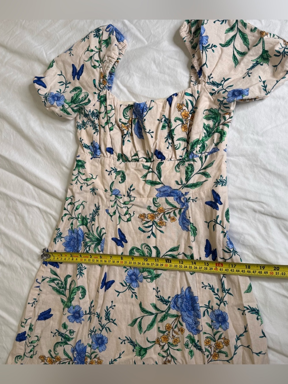Floral Butterfly Linen Blend Midi Dress Puff Sleeve Autumn Wedding Guest Size 8 - Picture 11 of 11